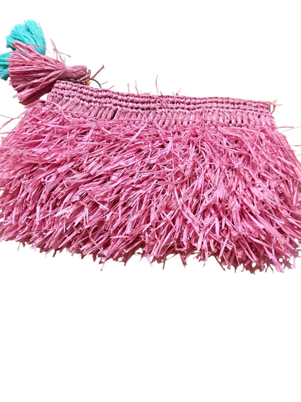 Pink Raffia Fringe Clutch with Tassel